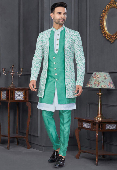 Digital Printed Art Silk Jacket Style Sherwani in Sea Green