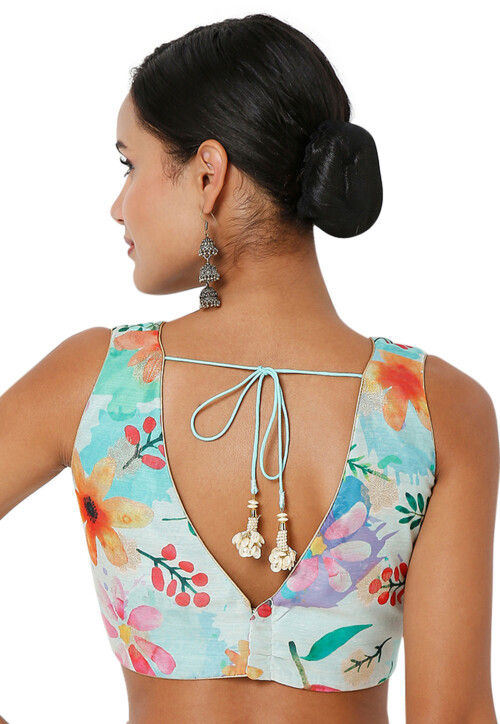 Digital Printed Art Silk Jacquard Blouse in Light Blue