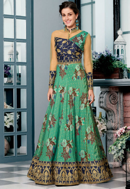 Digital Printed Art Silk Jacquard Gown in Green and Navy Blue