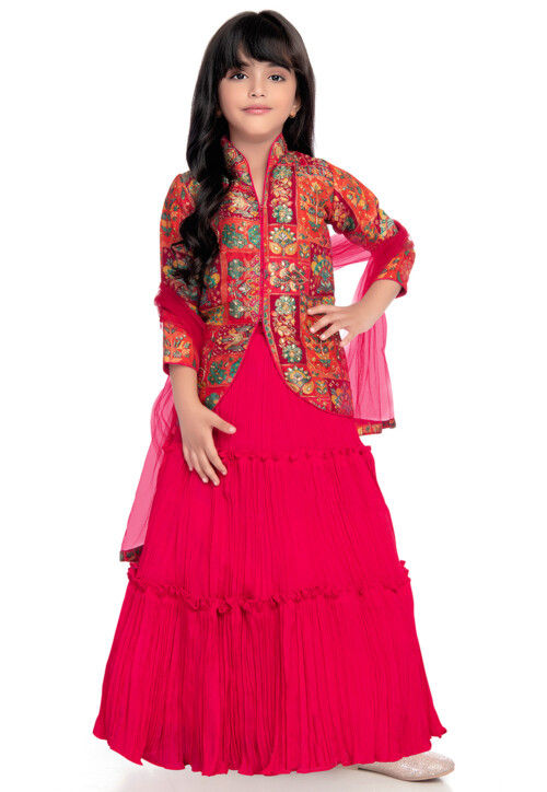 Digital Printed Art Silk Jacquard Lehenga in Fuchsia