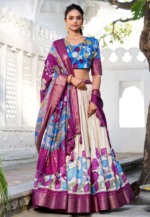 Digital Printed Art Silk Lehenga in Off White