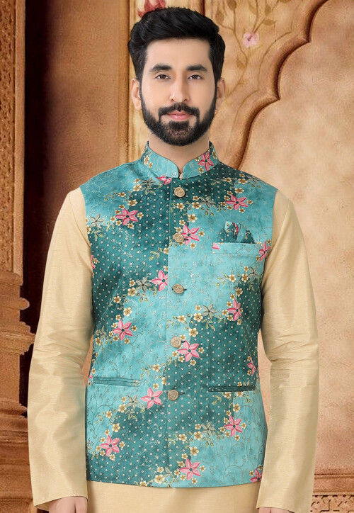 Digital Printed Art Silk Jacquard Nehru Jacket in Teal Blue