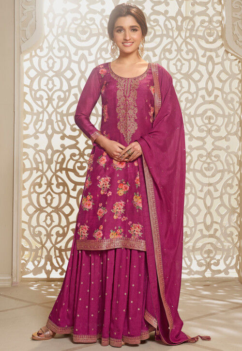 Digital Printed Art Silk Jacquard Pakistani Suit in Pink