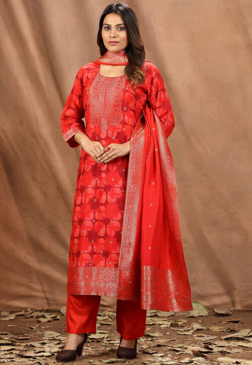 Digital Printed Art Silk Jacquard Pakistani Suit in Red