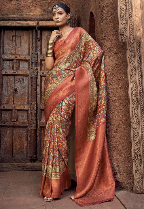 Digital Printed Art Silk Jacquard Saree in Orange