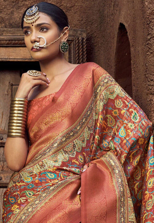 Digital Printed Art Silk Jacquard Saree in Orange