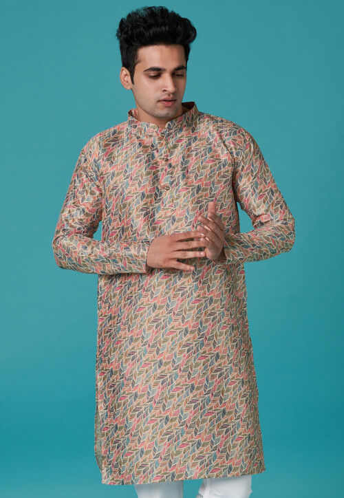 Printed Art Silk Kurta With & Dupatta