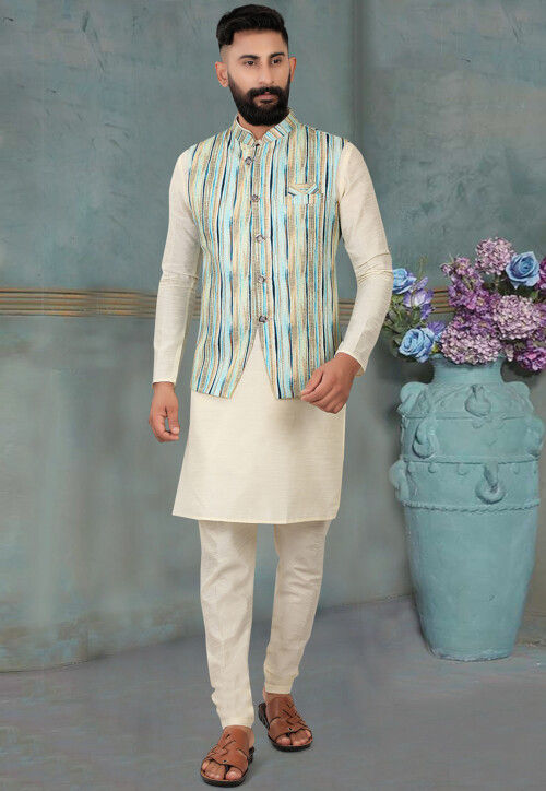 Atasi Printed Kurta With Solid Pajama & Nehru Jacket Set For Mens Party  Wear - Walmart.com
