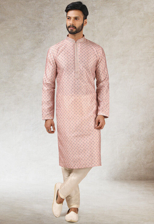 Digital Printed Art Silk Kurta Set in Baby Pink