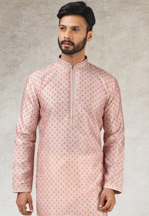 Digital Printed Art Silk Kurta Set in Baby Pink