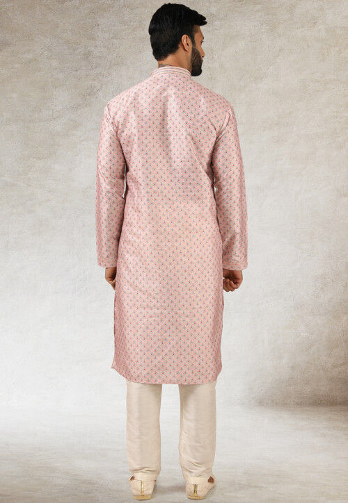 Digital Printed Art Silk Kurta Set in Baby Pink