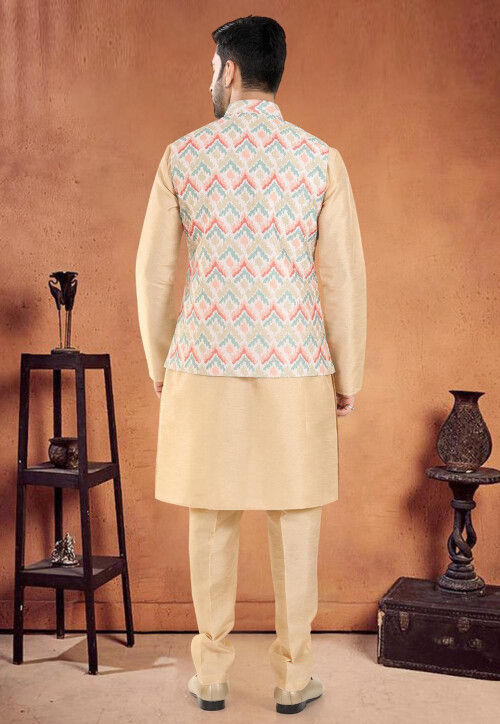 Digital Printed Art Silk Kurta Set in Beige