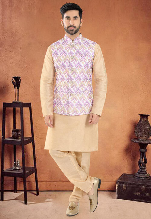 Digital Printed Art Silk Kurta Set in Beige