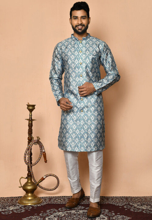 Digital Printed Art Silk Kurta Set in Dusty Blue and Off White