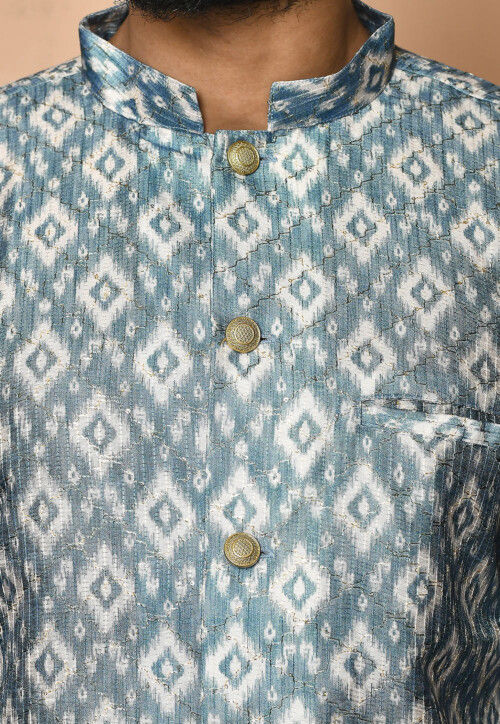 Digital Printed Art Silk Kurta Set in Dusty Blue and Off White