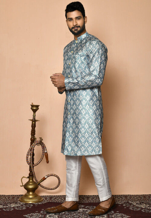 Digital Printed Art Silk Kurta Set in Dusty Blue and Off White