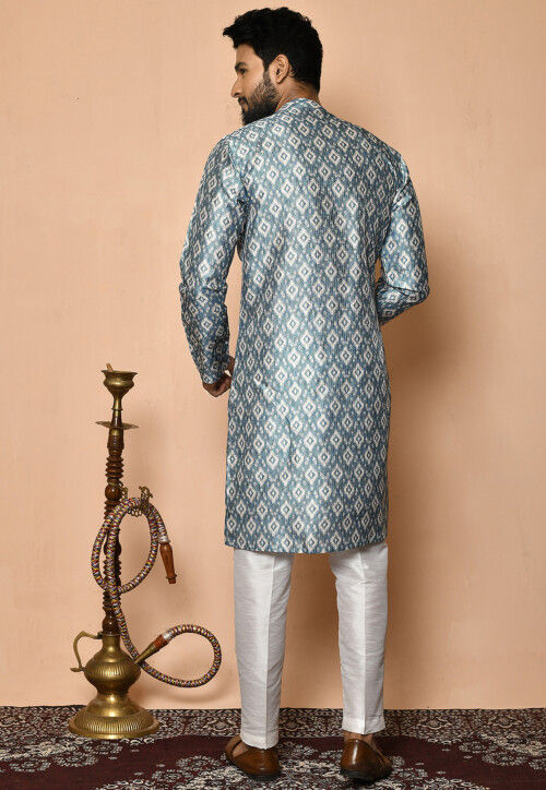 Digital Printed Art Silk Kurta Set in Dusty Blue and Off White