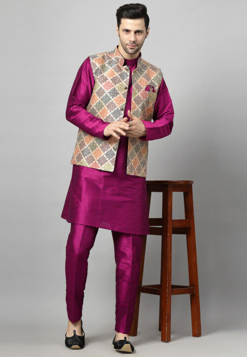 Digital Printed  Art Silk Kurta Set in Magenta and Multicolor