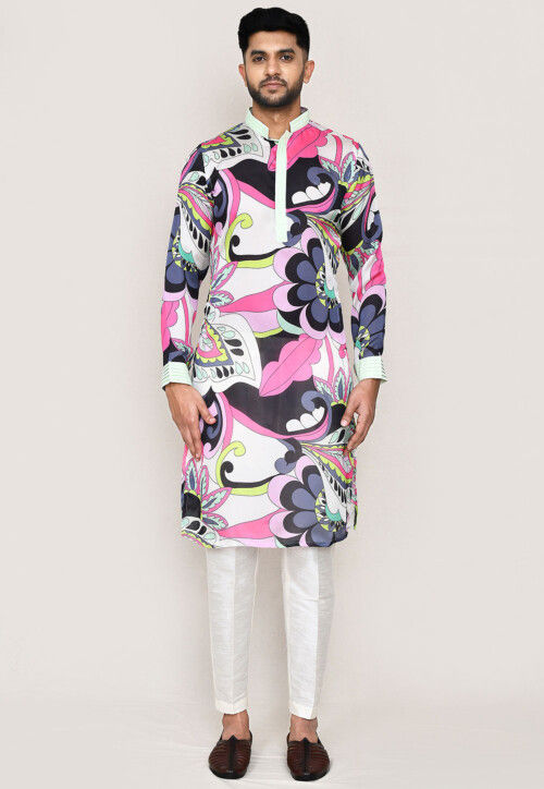 Digital Printed Art Silk Kurta Set in Multicolor