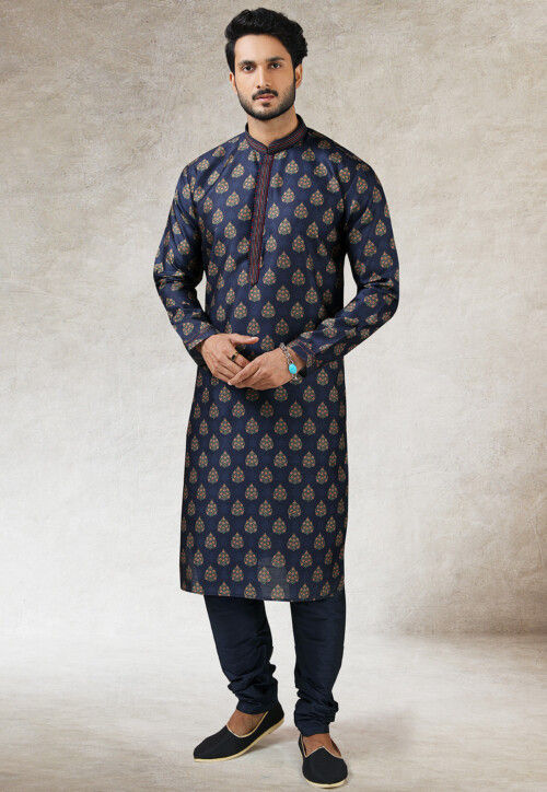 Digital Printed Art Silk Kurta Set in Navy Blue