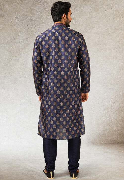 Digital Printed Art Silk Kurta Set in Navy Blue
