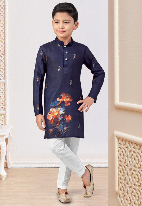 Digital Printed Art Silk Kurta Set in Navy Blue