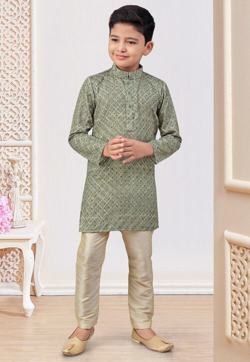 Digital Printed Art Silk Kurta Set in Olive Green