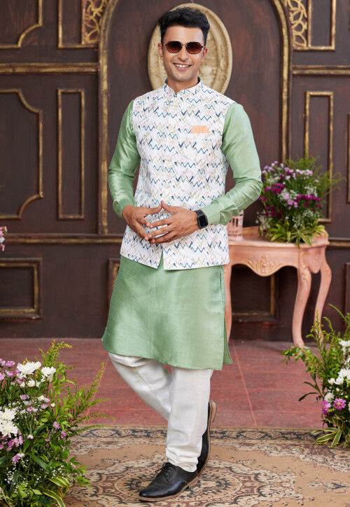 Digital Printed Art Silk Kurta Set in Pastel Green and Off White