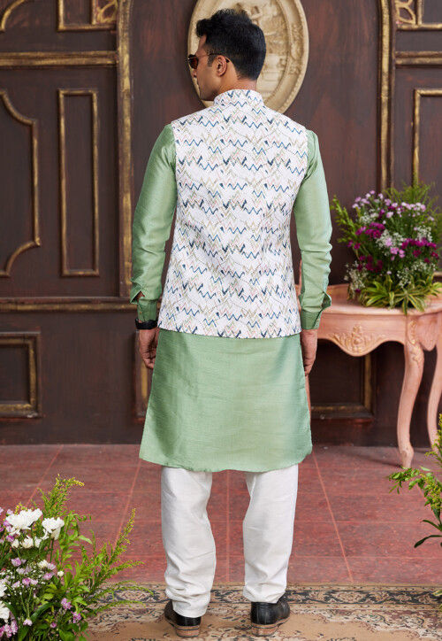Digital Printed Art Silk Kurta Set in Pastel Green and Off White