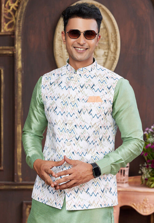 Digital Printed Art Silk Kurta Set in Pastel Green and Off White