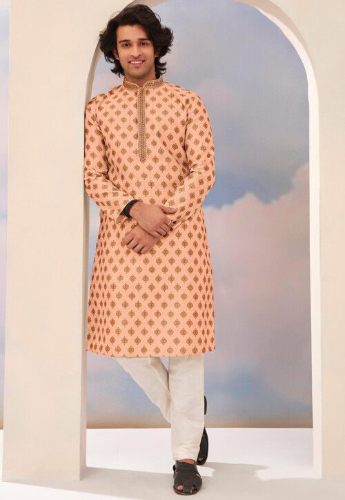 Digital Printed Art Silk Kurta Set in Peach