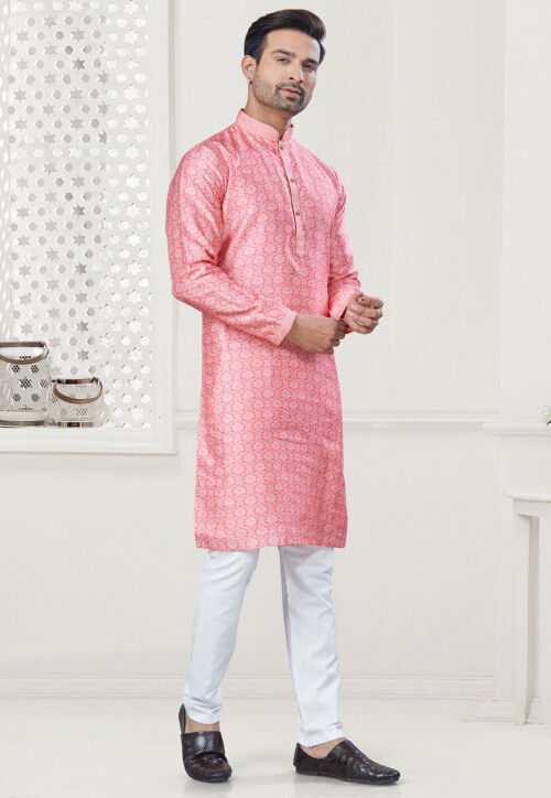 Digital Printed Art Silk Kurta Set in Pink