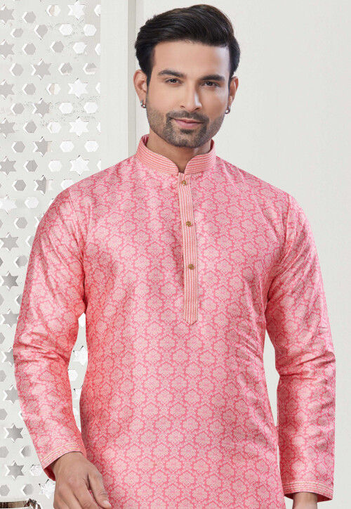 Digital Printed Art Silk Kurta Set in Pink
