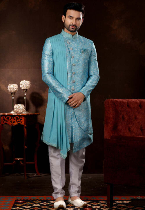 Digital printed Art Silk Layered Sherwani in Sky Blue