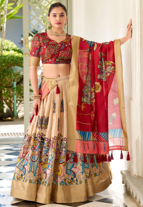 Digital Printed Art Silk Lehenga in Beige