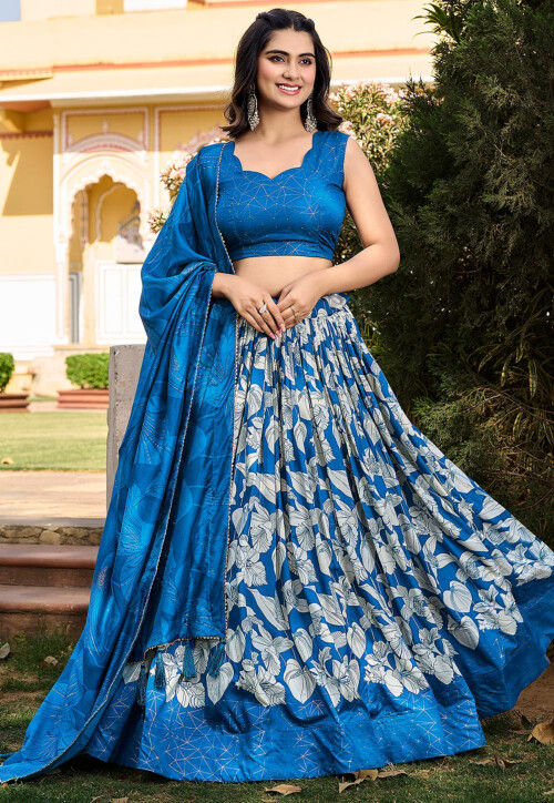 Digital Printed Art Silk Lehenga in Blue