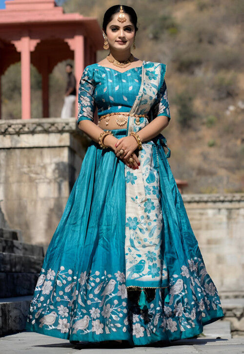 Digital Printed Art Silk Lehenga in Blue