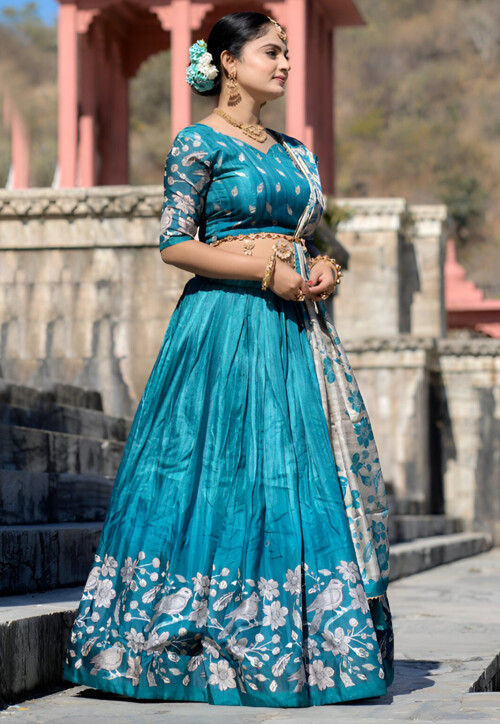 Digital Printed Art Silk Lehenga in Blue