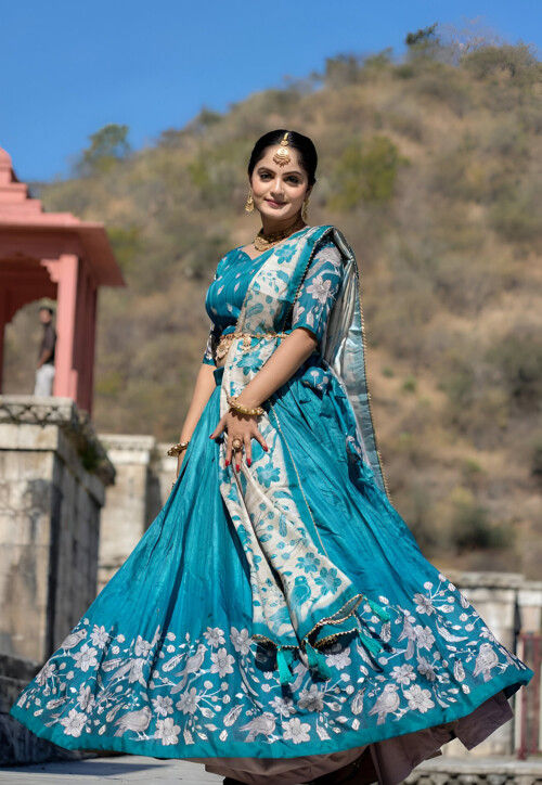 Digital Printed Art Silk Lehenga in Blue