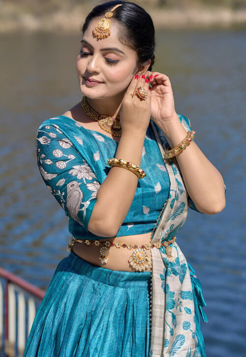 Digital Printed Art Silk Lehenga in Blue