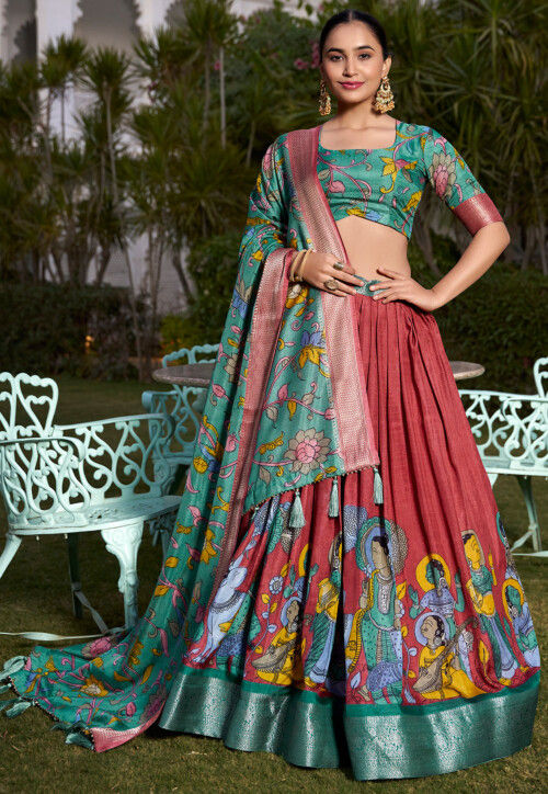 Digital Printed Art Silk Lehenga in Maroon