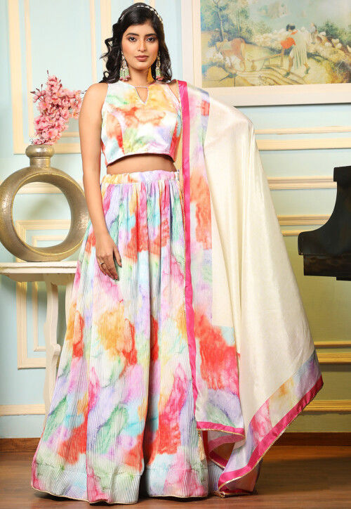 Digital Printed Satin Lehenga in Multicolor