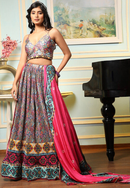 Digital Printed Satin Lehenga in Multicolor