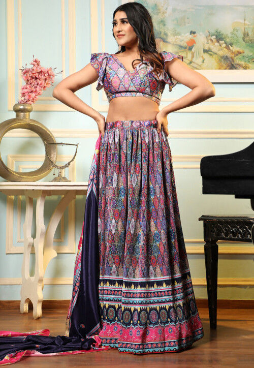 Digital Printed Satin Lehenga in Multicolor