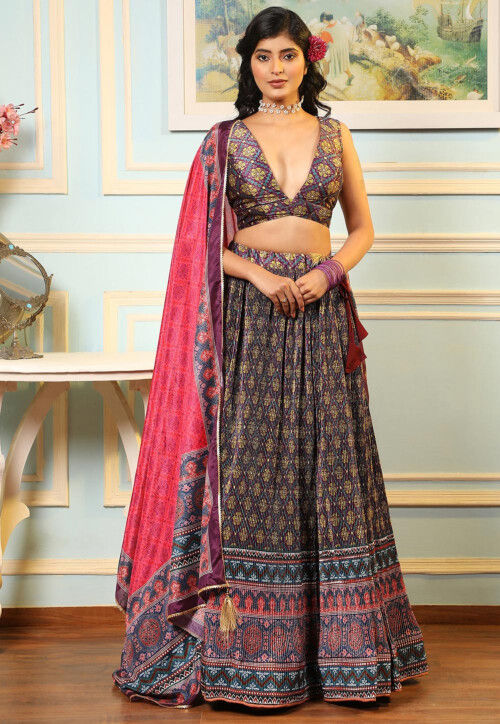 Digital Printed Satin Lehenga in Multicolor