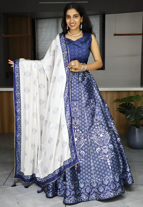 Digital Printed Art Silk Lehenga in Navy Blue