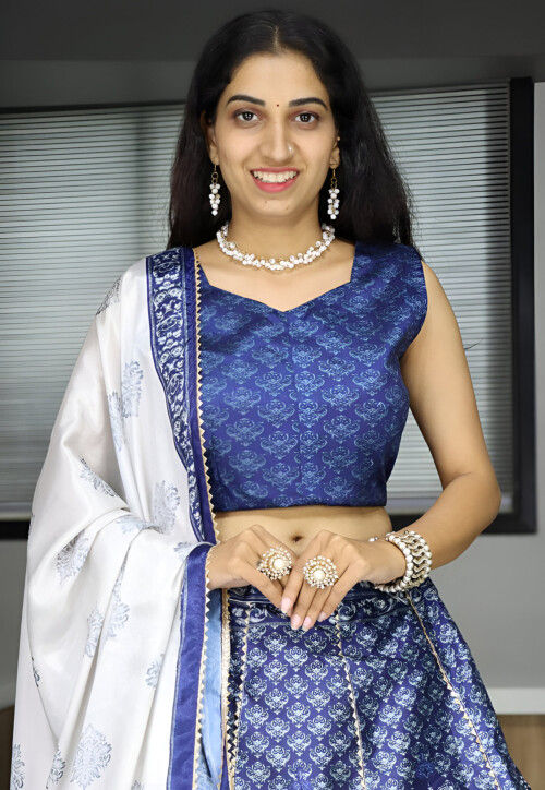 Digital Printed Art Silk Lehenga in Navy Blue