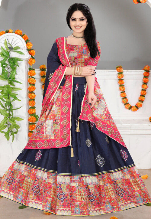 Navy Blue and Pink color Embroidered Silk A Line Lehenga Choli