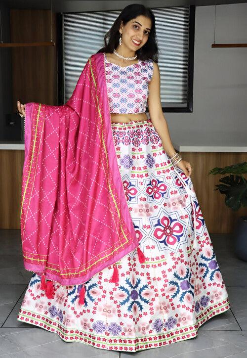 Digital Printed Art Silk Lehenga in Off White
