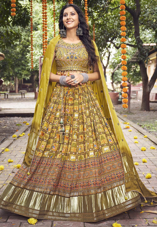 Digital Printed Art Silk Lehenga in Olive Green